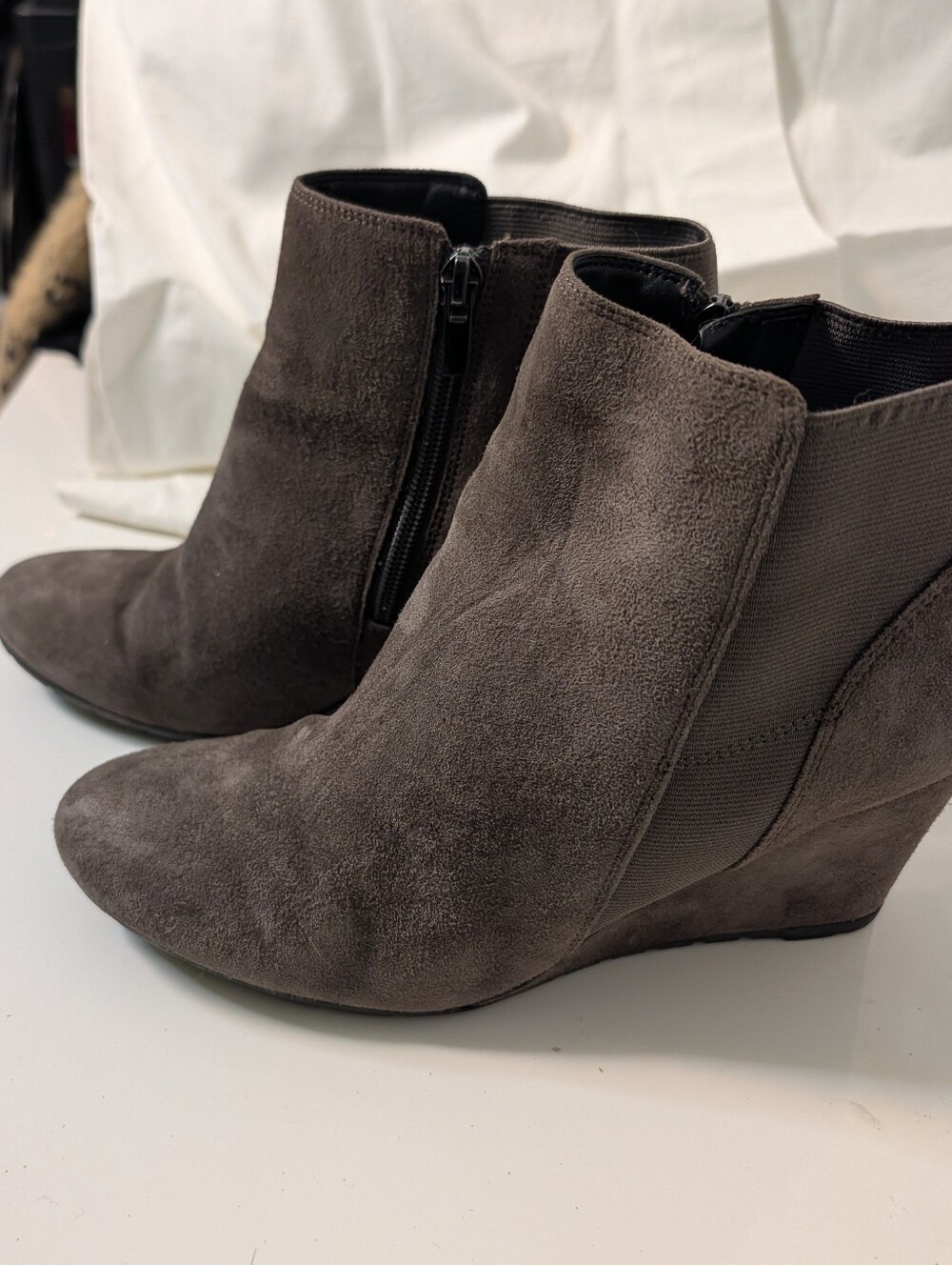 9.5 Clark suede grey wedge booties